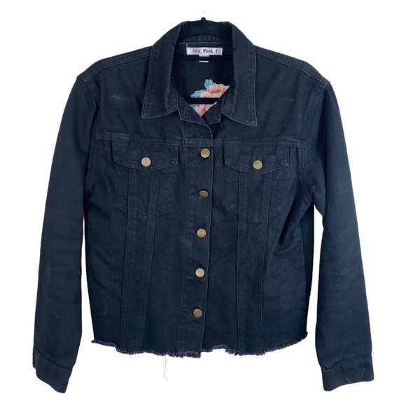 Women’s Embroidered Boho Floral Black Long‎ Sleeve Denim Jacket Size Small - Picture 1 of 7